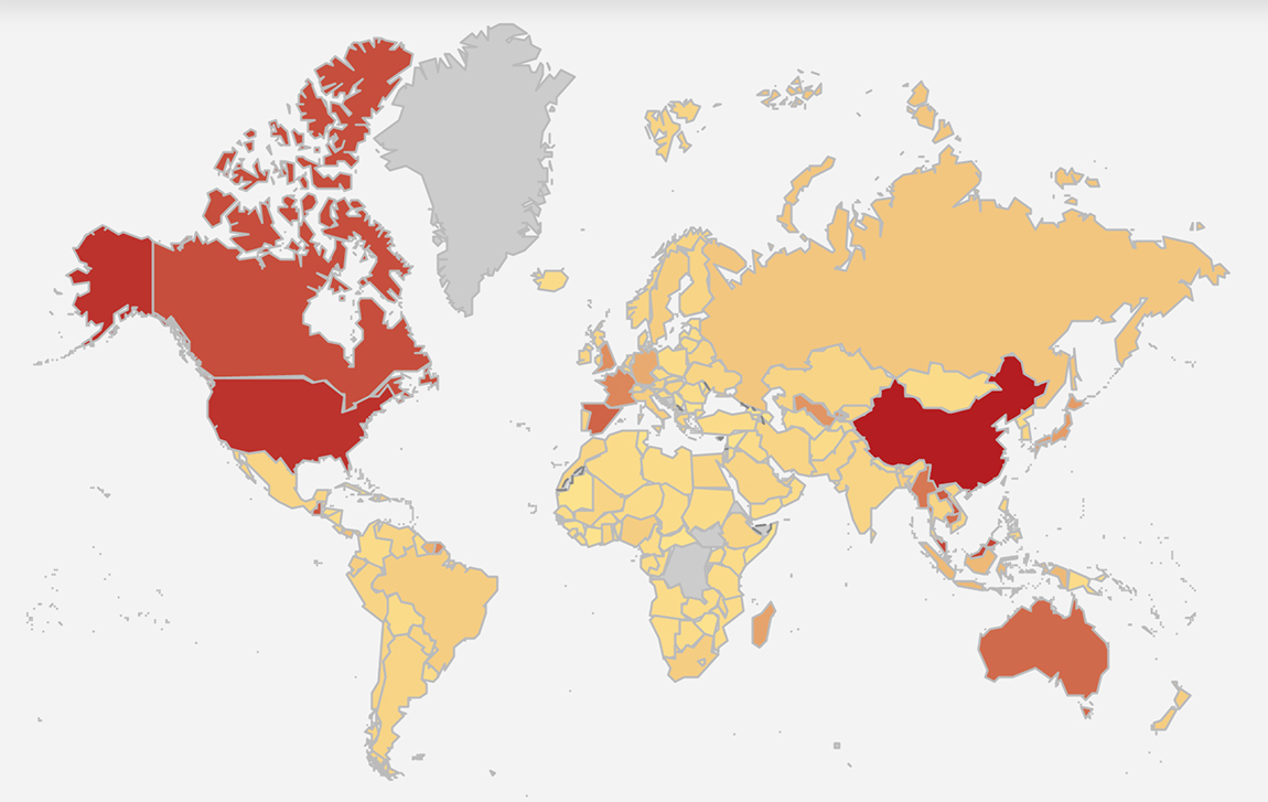 World map highlighting regions where the surname Chen is most common