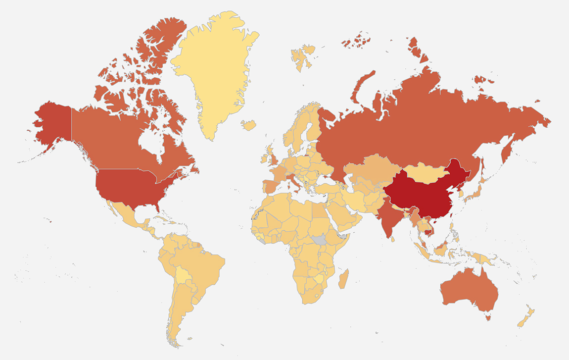 World map highlighting regions where the surname Li is most common