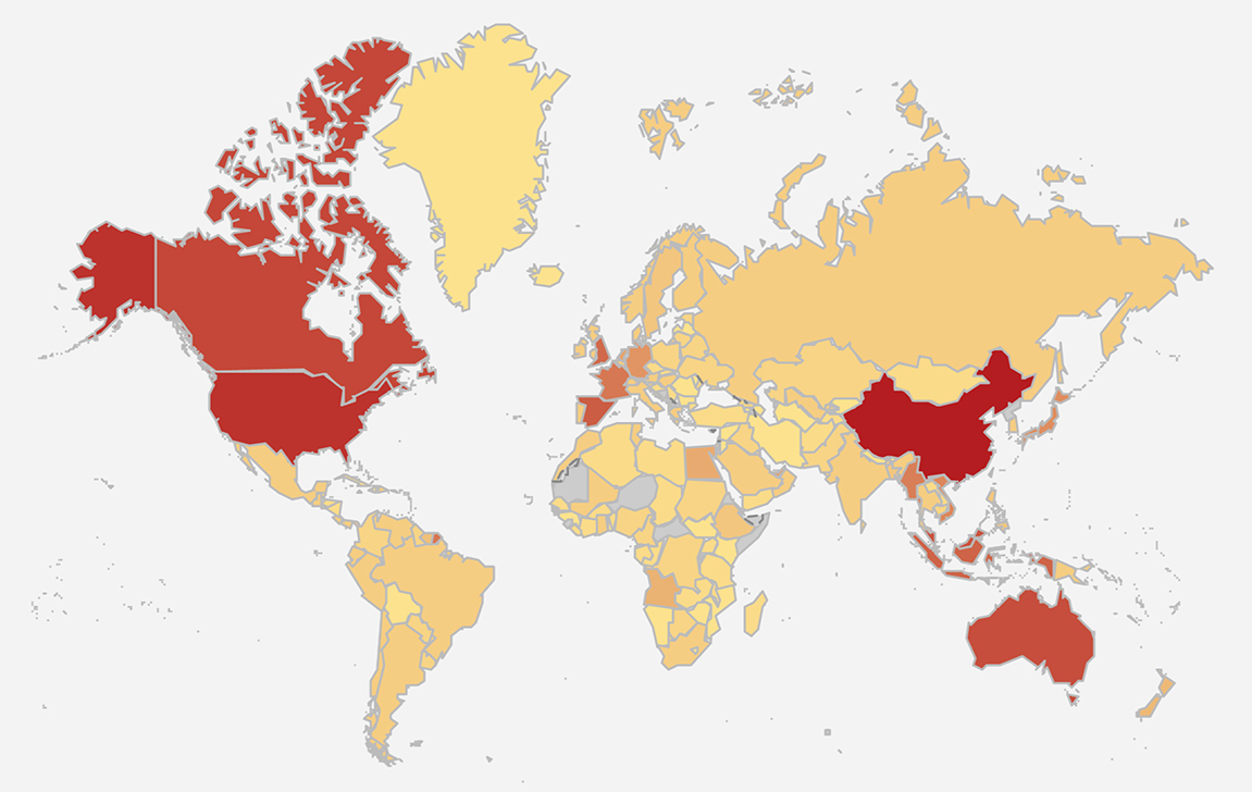 World map highlighting regions where the surname Liu is most common