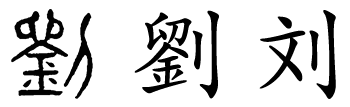 Alt Text: Chinese character for the surname Liu written in seal script, traditional Chinese, and simplified form