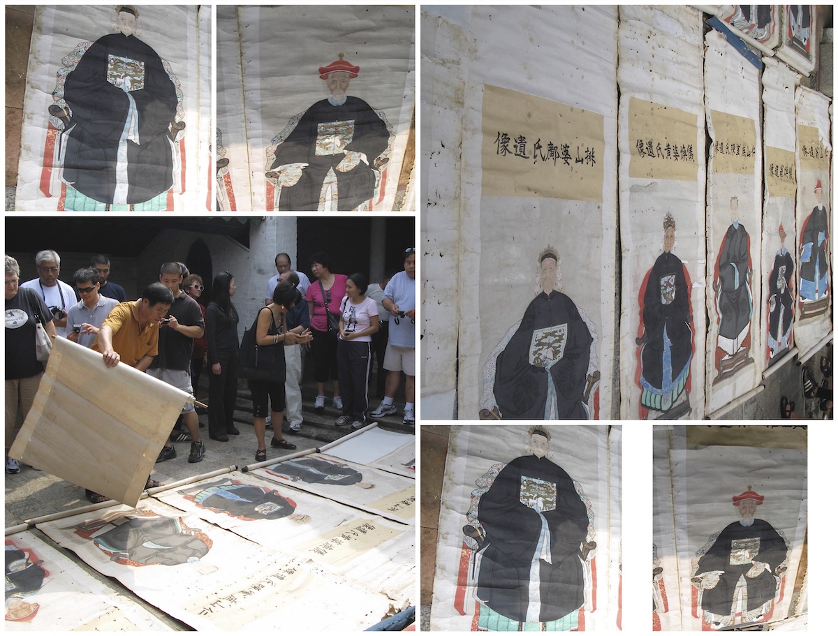 Collage of ancestral scroll paintings preserved in Paishan village