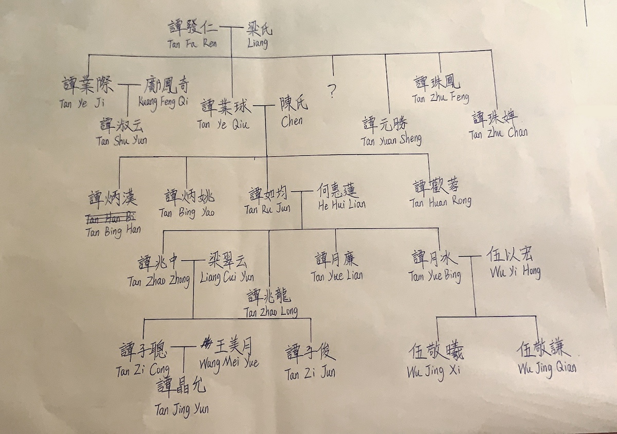 Handwritten family tree with Chinese names
