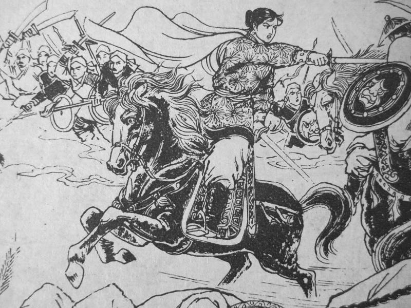 Black and white sketch of Wang Cong’er fighting on horseback