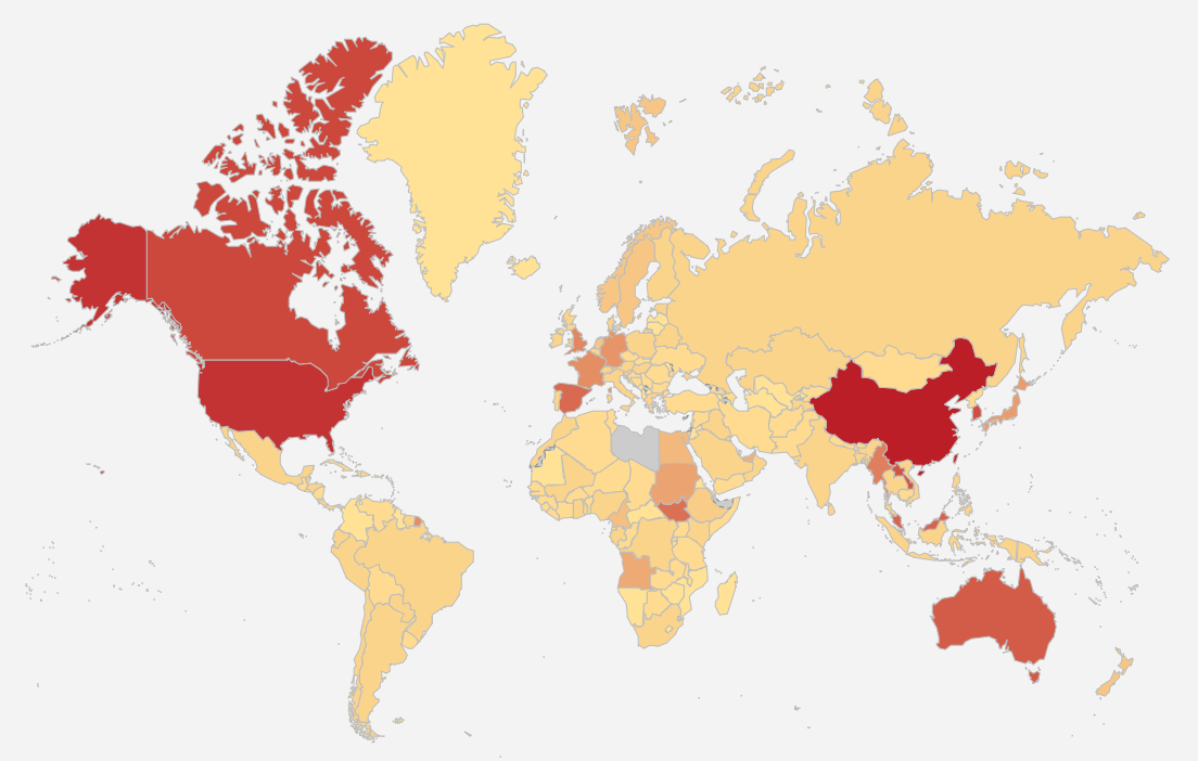 World map highlighting regions where the surname Wang is most common