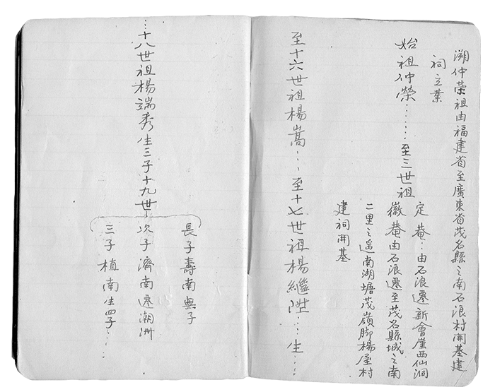 Notebook outlines family lineage in handwritten Chinese