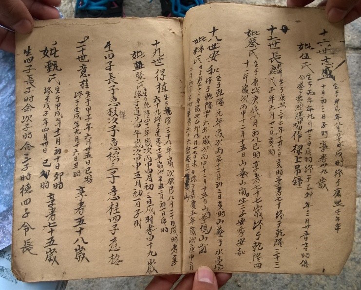 Hands holding an ancient zupu written in Chinese calligraphy