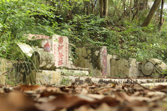 An ancient and overgrown Chinese tombstone