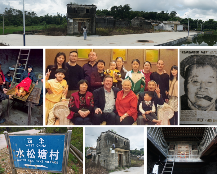 Photo collage of Mei Ling’s return to Sai Wah village, including a village panorama, a sacrificial roast pig, village signage, ancestral house and shrine, and group family photo