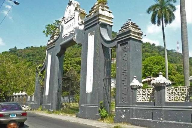 High stone entrance of Chinese cemetery in Central America