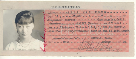 A certificate of identity from the early 20th century for Anna May Wong.
