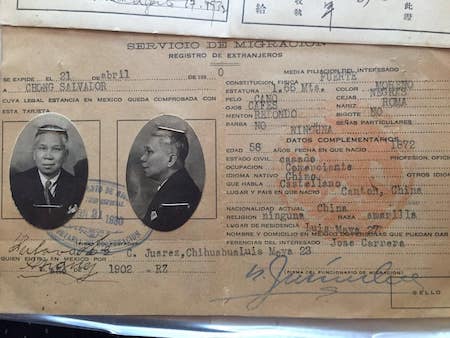 An early 20th century immigration file from Mexico for Chong Salvador shows a profile picture of a Chinese immigrant in sailor’s garb and lists his personal particulars